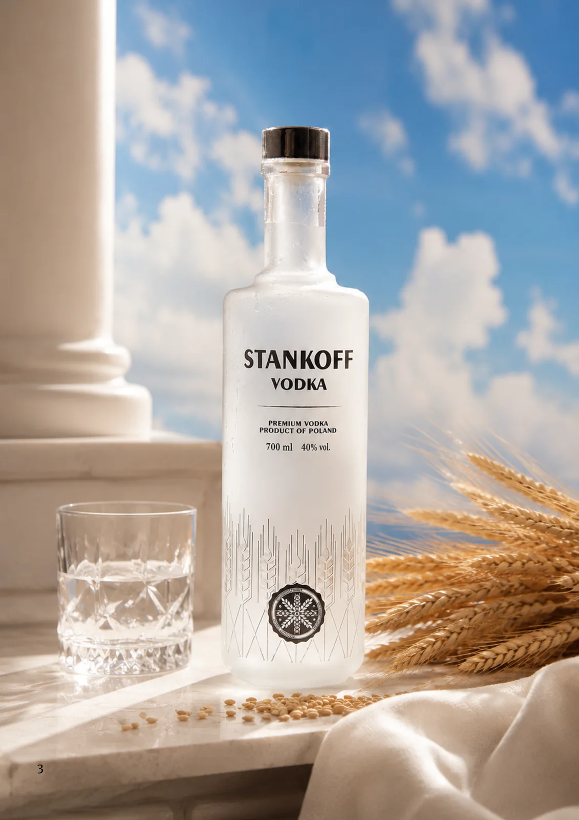 STANKOFF Premium Vodka on marble with wheat